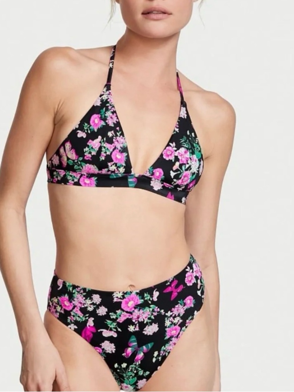 NWT Victoria’s Secret Black Pink Floral Triangle Bikini Top Swim Women’s Medium